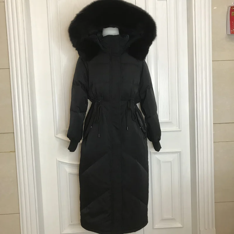 Russische Winter Down Jassen Solid Hooded Vrouwen Dikke Puffer Jassen Fox Bontkraag Trekkoord Riem Casual Lange Uitloper Overjassen