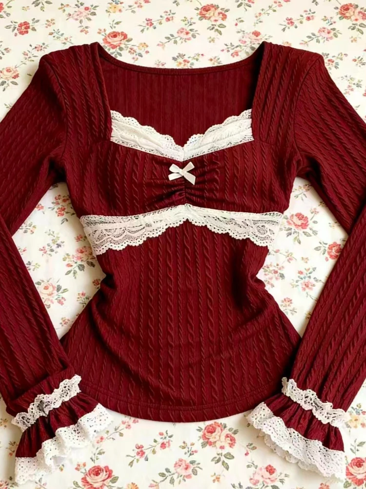 Camisetas Vintage ajustadas Y2k para mujer, camisetas cálidas de diseño francés con encaje Retro de retazos, camisetas finas de manga larga para chica 2026