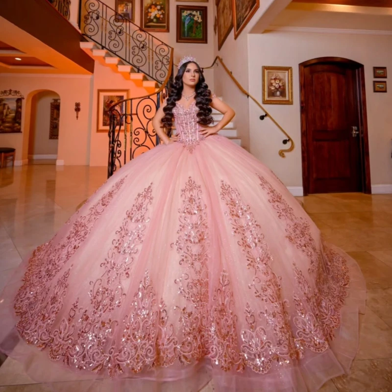 

Pink Shiny Princess Off the Shoulder Sweet 16 Dress Quinceanera Dresses Applique Lace Beads Tull Party Birthday Vestidos 15 De