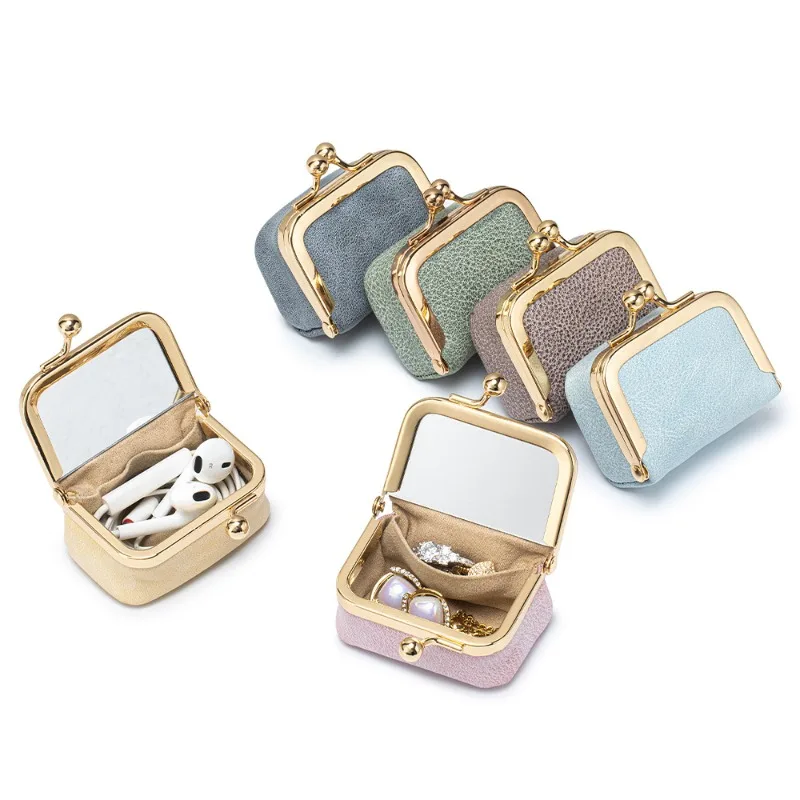 New Genuine Leather Jewelry Box Mini Kiss Lock Case with Built-in Mirror Portable Ring Earring Necklace Storage Pouch Coin Purse