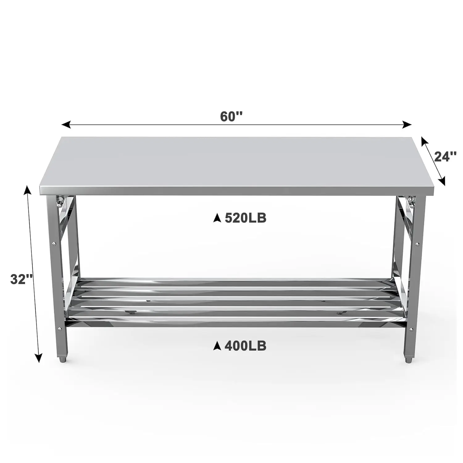 Stainless Steel Kitchen Work Table, 60 X 24 In Metal Commercial Food Prep Work Bench With Adjustable Shelf, Stainless Steel