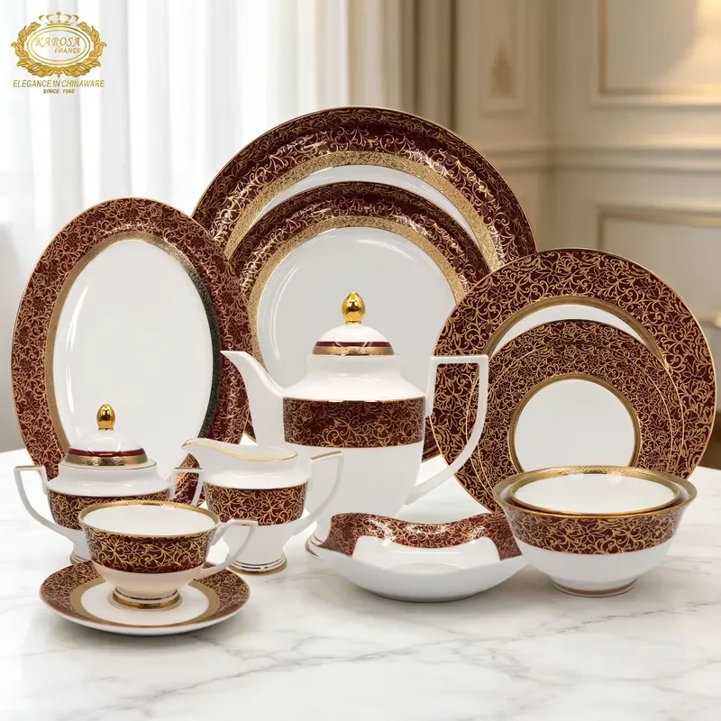 Karosa 98pcs Chinaware Porcelain Dinnerware Set Gold Design China Dinner Plate Dishes Bowl Coffee Cup Sets