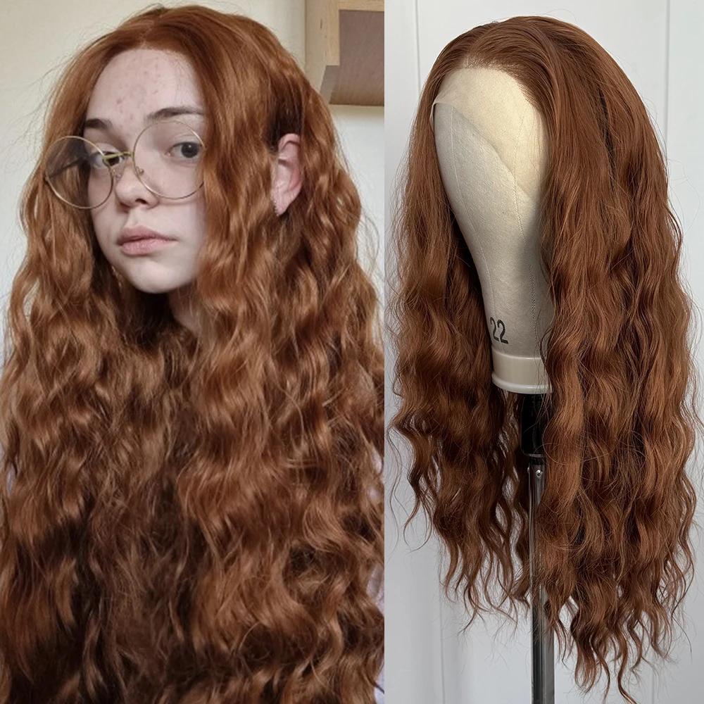 

Коричневый парик фронта шнурка для женщин Длинные глубокие волны Синтетические свободные вьющиеся волосы 13x4 Натуральная линия волос Повседневная одежда Парик для косплея