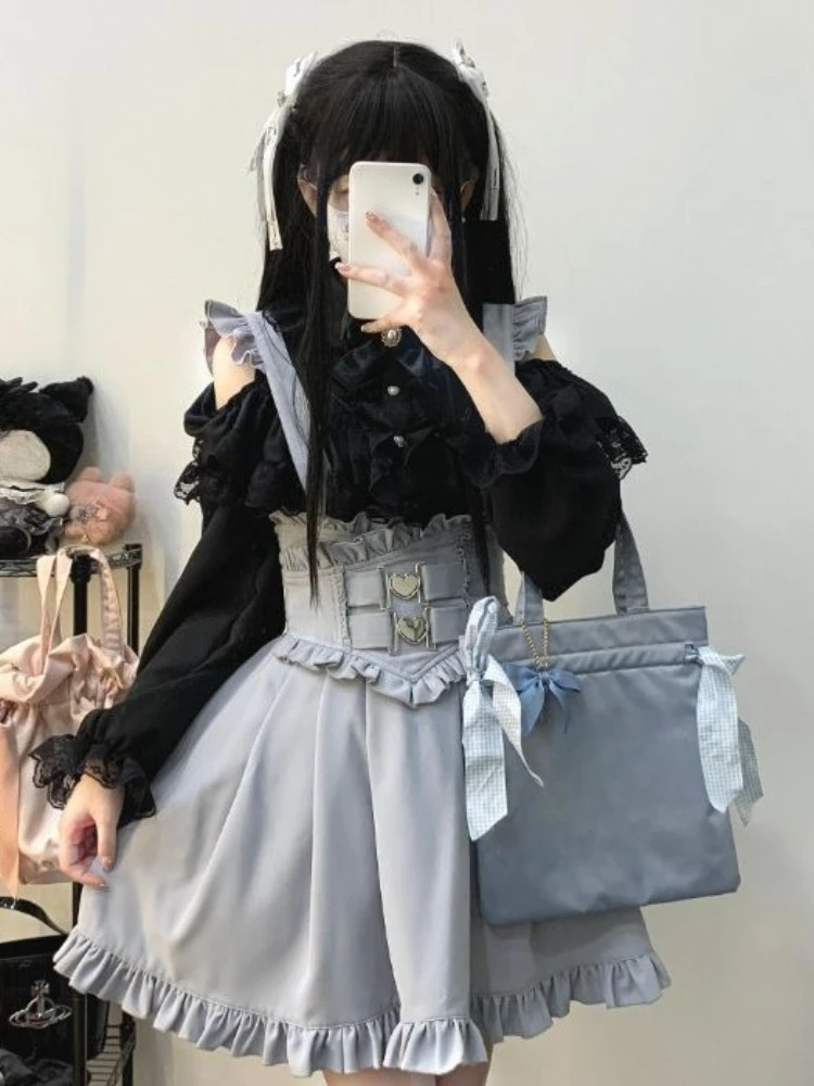 اليابانية الحلو جميل لوليتا منقوشة الحمالة تنورة المرأة خمر الدانتيل تقليم تصميم تنورة صغيرة Harajuku شيك ألف خط Kawaii وتتسابق #3