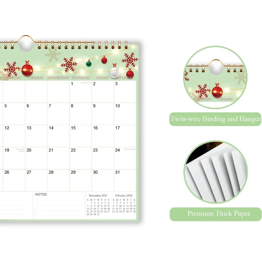 Kalender 2026 Wandkalender vanaf januari 2026 - 2026 december 12 maanden kalender met 140 g/m2 premium papieren dubbele draadbinding en