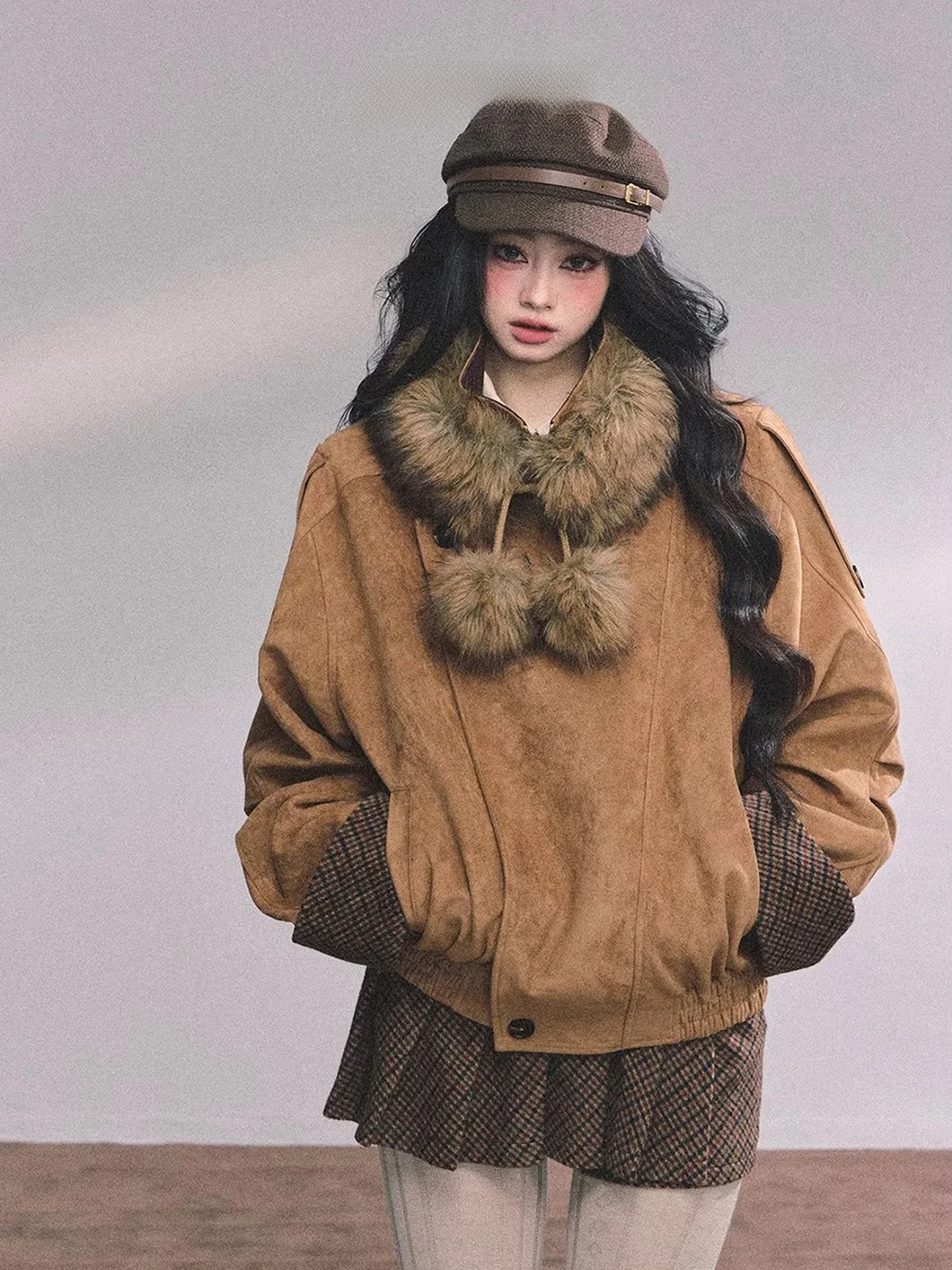 

AOMALM Женский модный комплект из замши и бархата в стиле Хепберн: осенний костюм-двойка (жакет и юбка), теплый, пушистый, цвета фундука