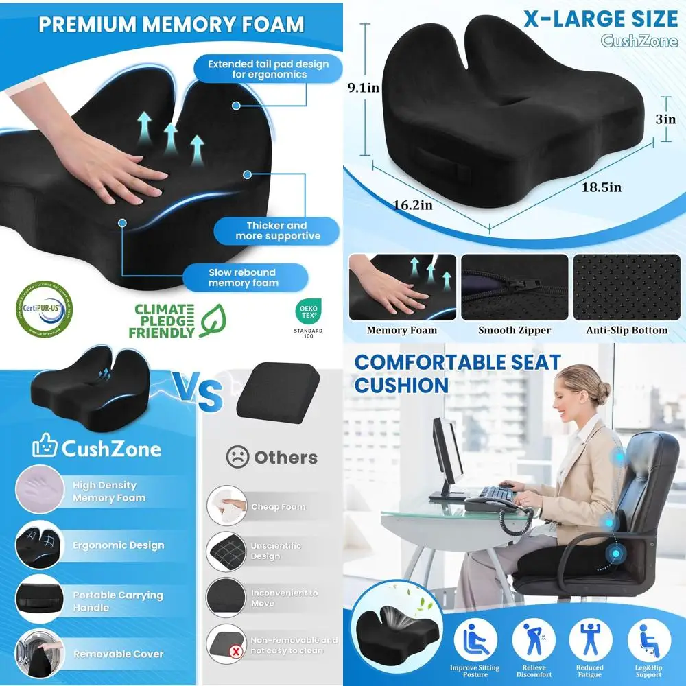 

X-Large Memory Foam Seat Cushion for Sciatica, Hip, and Tailbone Pain Relief, Ideal for Office, Car, and Gaming Chairs