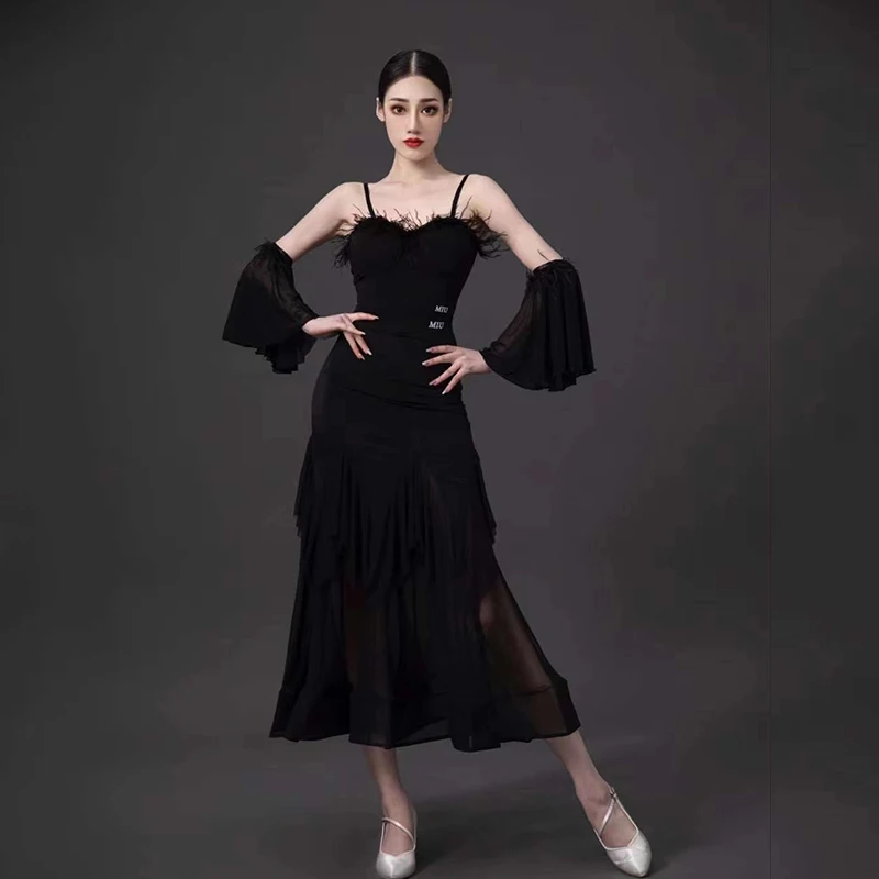 New Ballroom Dance Dress Women Waltz Dance Tops Black Mesh Skirt Adult Prom Performance Clothes Modern Latin Dance Dress BL10164