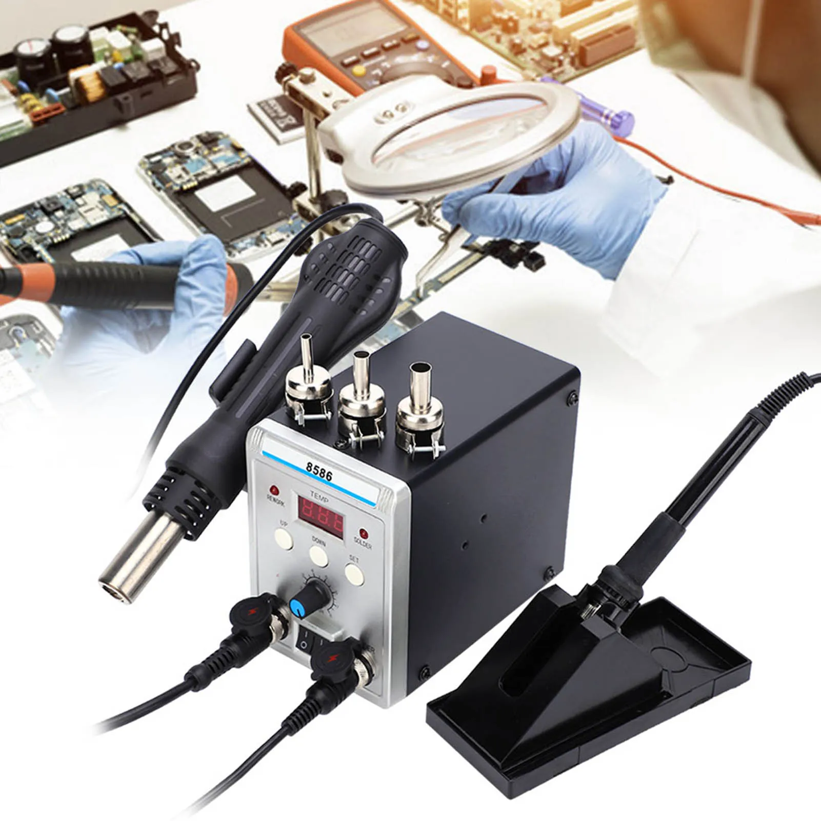 

Станция для распайки с регулируемой температурой, паяльная станция, фен, цифровой дисплей, регулируемая температура 8586