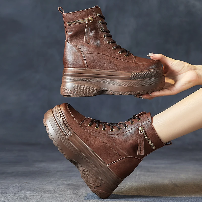 GKTINOO Ankle Boots Platform Women Genuine Cow Leather Short Boots Round Toe Height Increasing Thick Sole Ladies Shoes Handmade