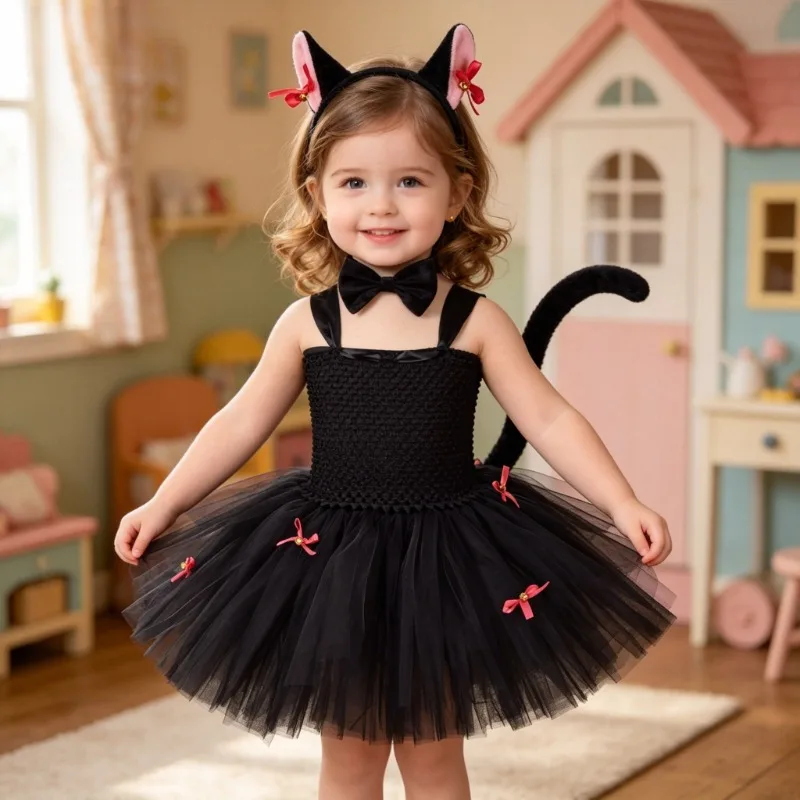 Black bell tulle puffy dress for girls, cute patterned tulle mini skirt, stage performance clothes for Children's Day parties