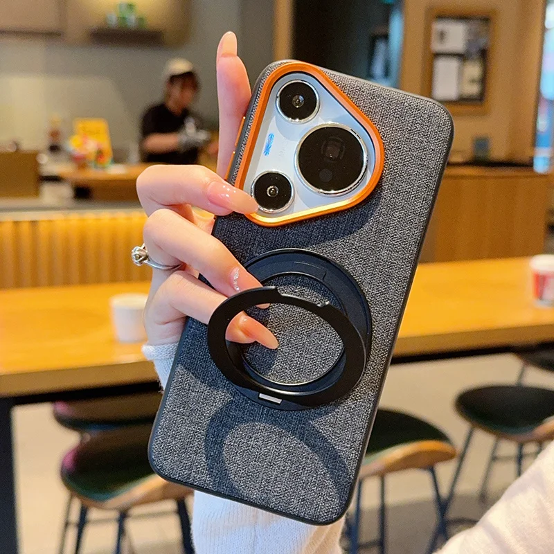 

Fabric Cloth Texture Wireless Charging Magnetic Rotate Kickstand Phone Case For Huawei Pura 70 Pro 80 Pro 80 Ultra, Matte Cover