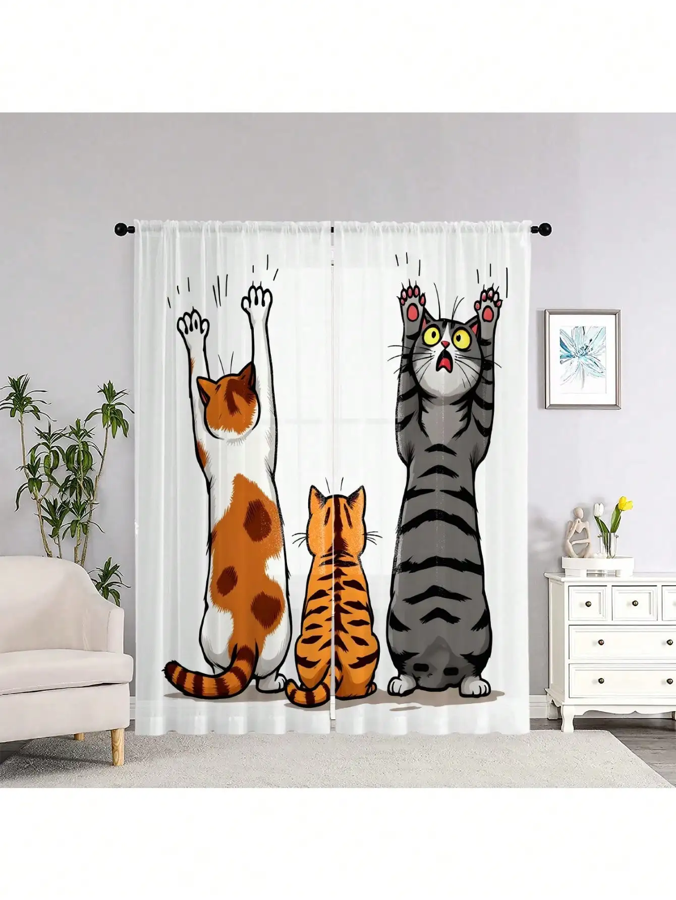 2pcs High-Definition Digital Print Sheer Curtains - Orange And White Cat Design, Polyester, Machine Washable, Rod Pocket Style