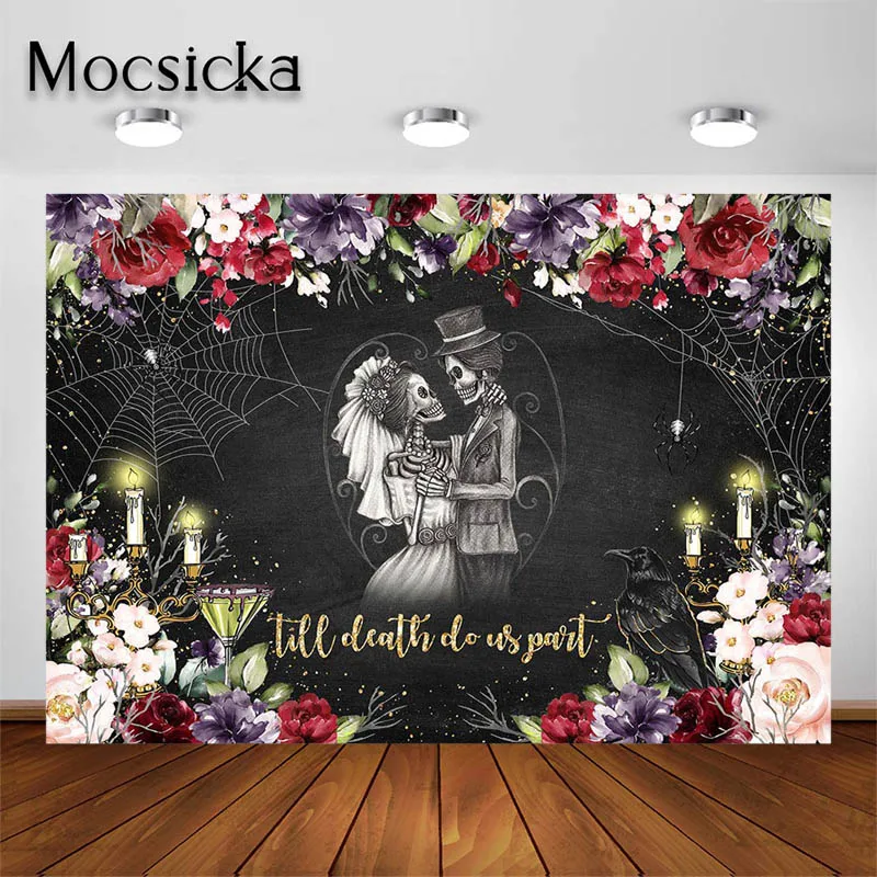 Mocsicka Aniversário de Casamento Pano de Fundo Até Que A Morte Nos Separe Fundo Do Crânio Preto Adulto Retrato Photo Studio Prop Bandeira Do Partido