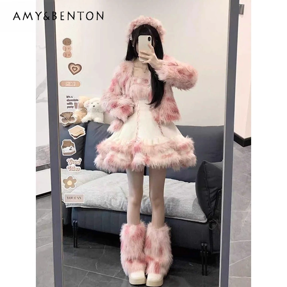 

2025 Autumn Winter New Hot Sale Sweet Girl Plush Faux Fur Pink Short Coat Lolita White Puffy Strap Dress Two-Piece Set