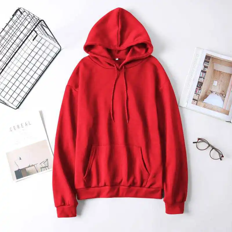 Winter Autumn High-Quality Sweatshirt Loose Hoodie Harajuku Solid Color Red Gray Black White Blue Tops Long Sleeve Pullover