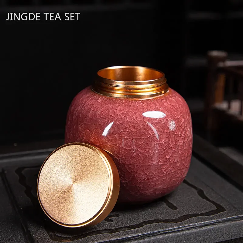 Ice Crack Glaze Metal Lid Tea Jar Ceramic Tea Storage Cans Portable Coffee Sealed Jars Kitchen Spice Moisture Proof Tank Teaware