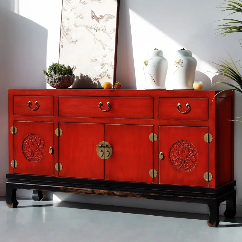Color lacquered solid wood porch cabinet Large capacity storage New Chinese style old furniture Pine dining side cabinet