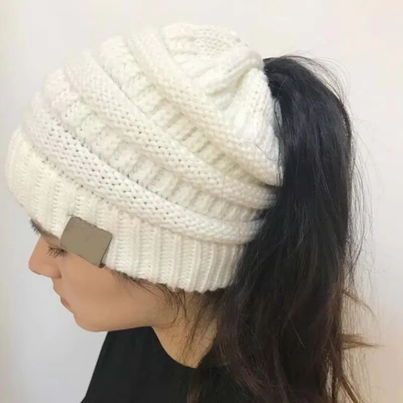 2024 Cross Border Autumn and Winter Woolen Hat Women\'s CC Horsetail Hat Warm Knitted CC Empty Top Simple Moon Hat