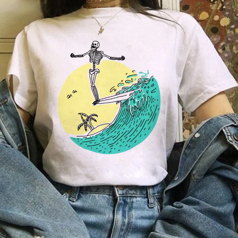 Esqueleto surf padrão impresso roupas femininas camiseta regular versátil manga curta branco camiseta diversão verão casual topo