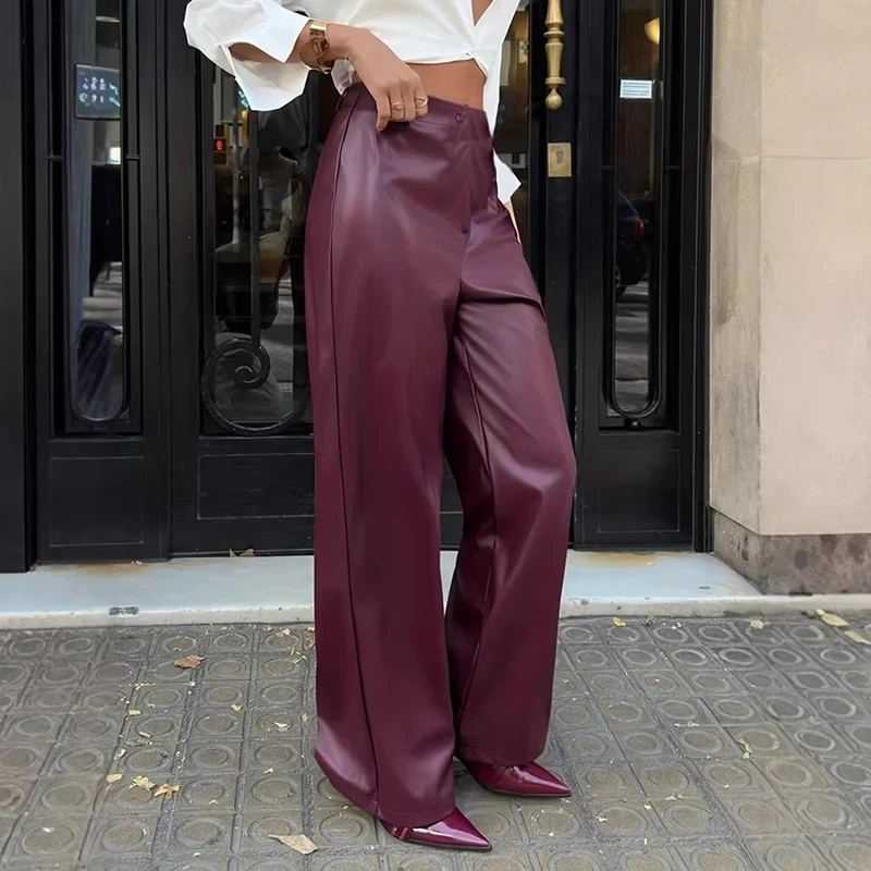 

Fashionable PU Leather High Waist Pants Leisure Ladies Pocket Commuting Trousers Summer New Solid Color Slim Women's Long Pants