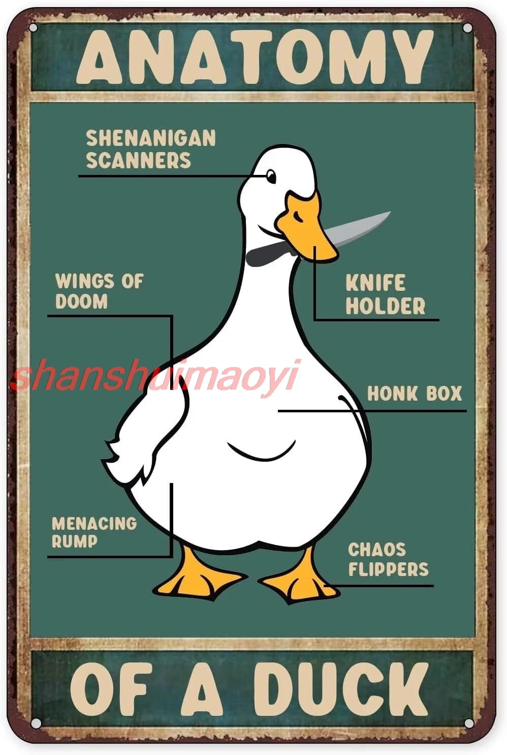 오리 지식 금속 주석 기호 Aduck의 해부학 재미 있은 포스터 국가 농장 오리 집 클럽 사냥 오두막 카페 거실 욕실 K