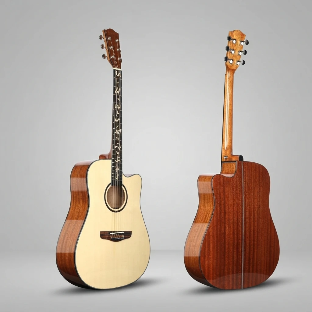 41 Inch Cutaway Acoustic Guitar 6 String Floral Inlay Fretboard Chrome Pegs White Edge Trim Solid Wood Body With Cutaway