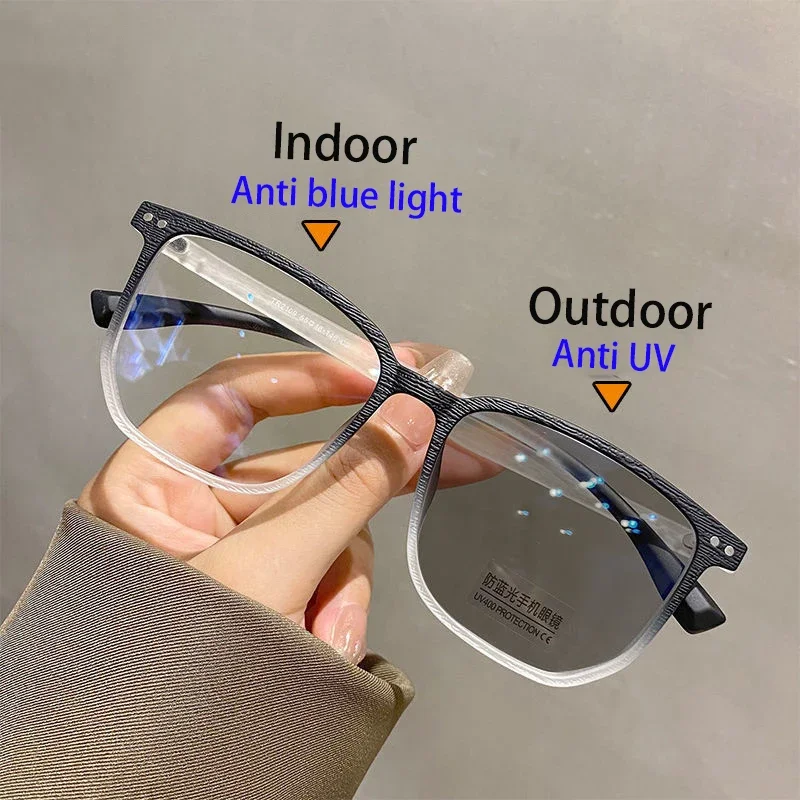 

Trendy Color Changing Finished Myopia Glasses Square Anti-blue Light Photochromic Glasses Men Women Near Sight Eyewear 0 To -6.0