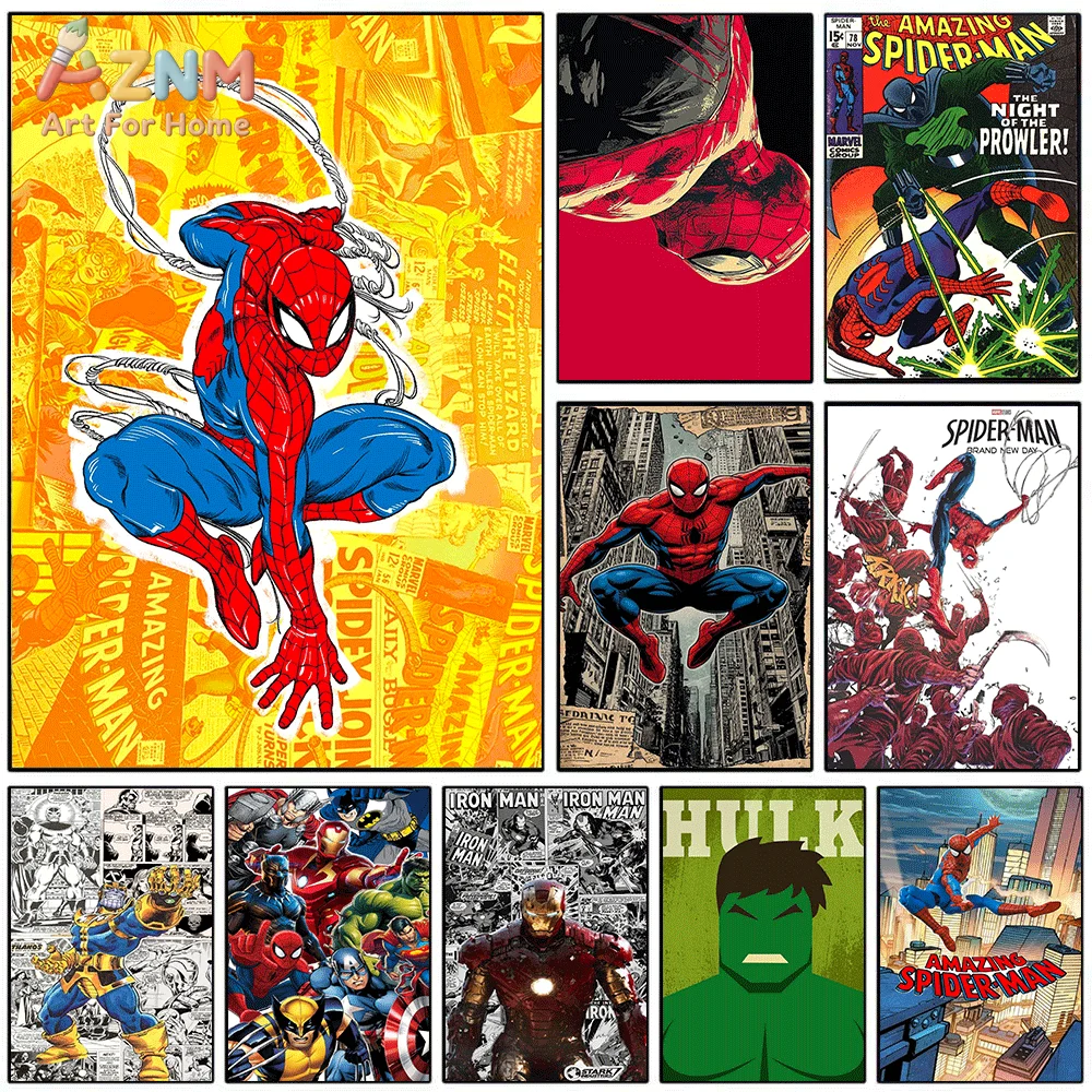 Watercolor Poster Print - AZNM Spiderman Crouch Web-Shooting Gelber Comic-Collage