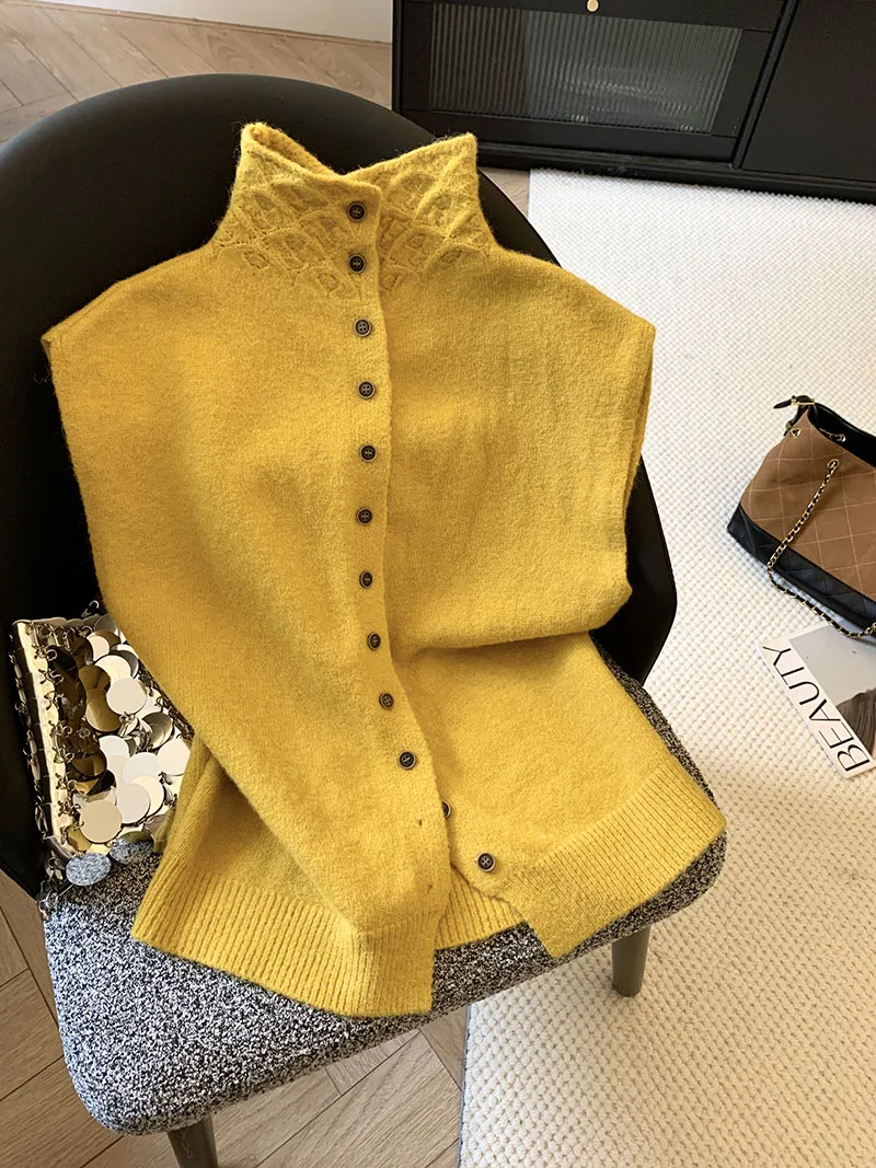 

Faionable High Ne Knitted Open Cardigan Vest Women's Autumn Winter Layering Small Size Straight Tube High Waist Coat