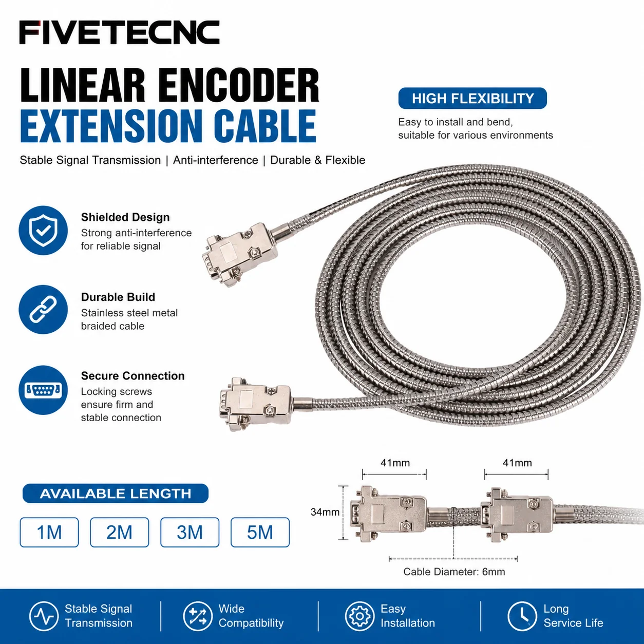 Extension Cable 9DB Female/Male Connection for Linear Encoder TTL Signal Linear Scale