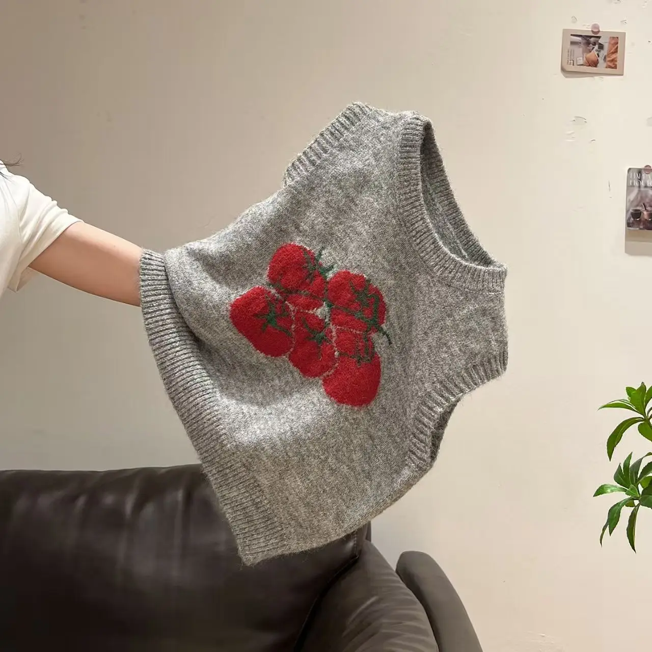 Vegetable Tomato Jacquard Korean Casual Knitted Vests Women Sweater Sleeveless O-neck Loose Versatile Waistcoat Vests Tops 2026 #2