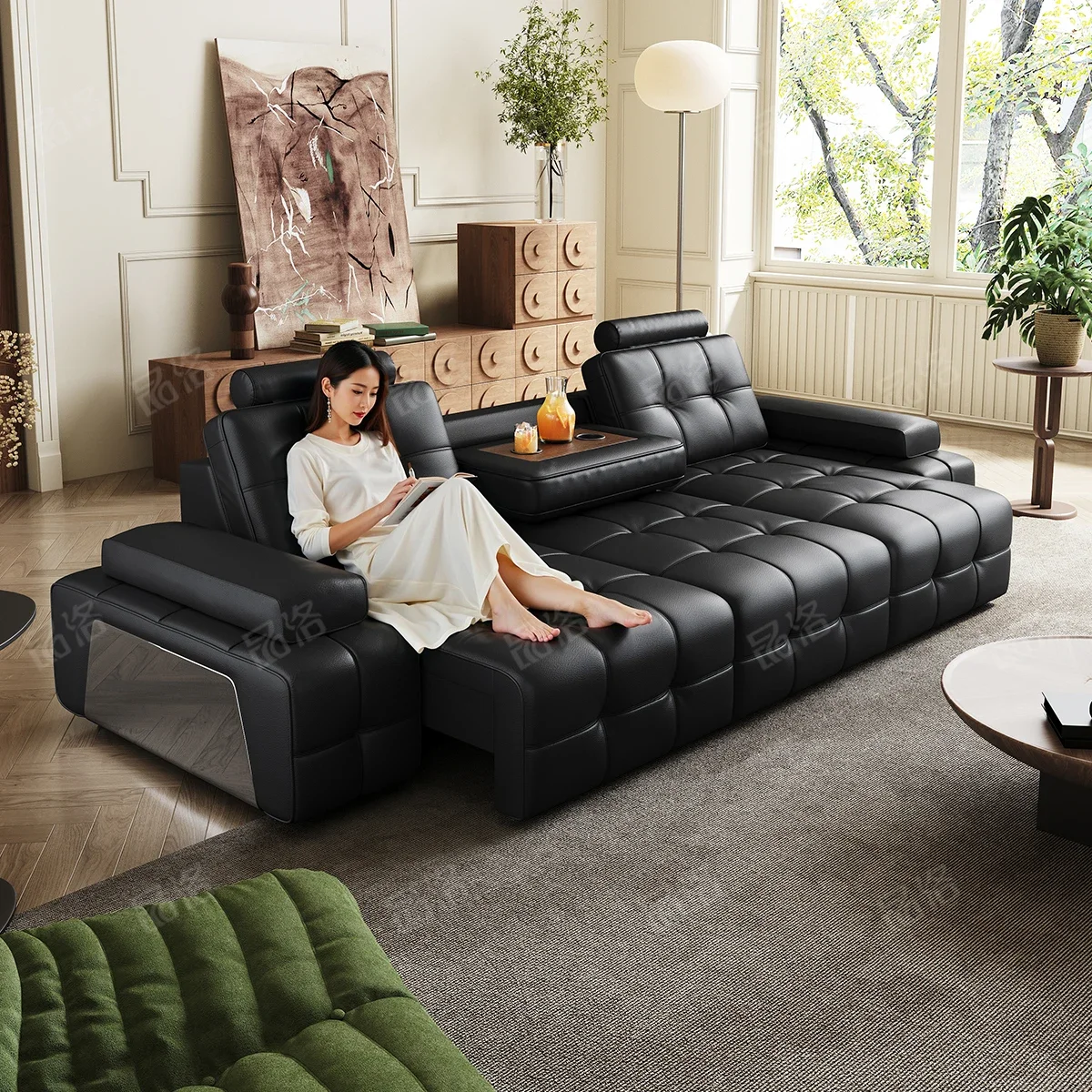 Lawrence electric telescopic sofa top layer cowhide living room black  functional leather sofa new