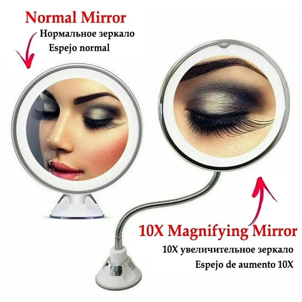 Miroir de maquillage Flexible à col de cygne avec lumière LED, miroir grossissant 10X, ventouse, lumière diffuse brillante et pivotant à 360 degrés