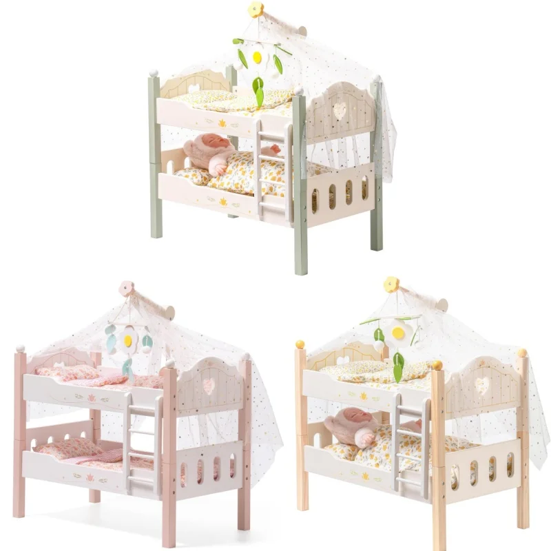 

Robotime robud Baby Doll Bunk Beds for 18 inch Dolls American Girl Doll Furniture Toy with Bedding Green Pink Wood 2pcs Beds