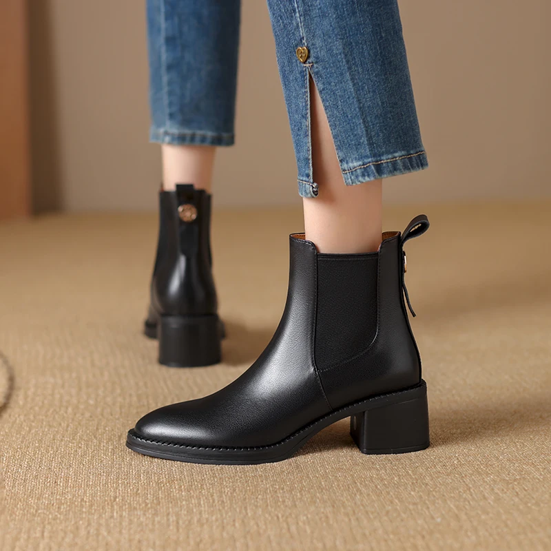 2024 New Autumn Black Women Boots Ankle Boots Genuine Leather Shoes for Women Chelsea Short Boots Chunky Heel Ladies Women Shoes