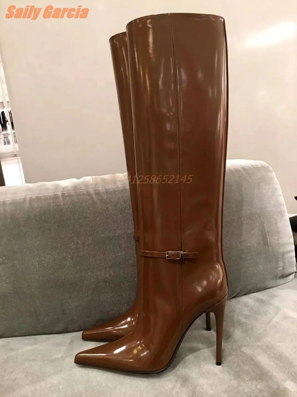 Brown Sexy Boots Thin High Heel Pointed Toe Patent Leather Fashion 2024 Women\'s Boots Thin Belt Buckle Knee-high Trendy New