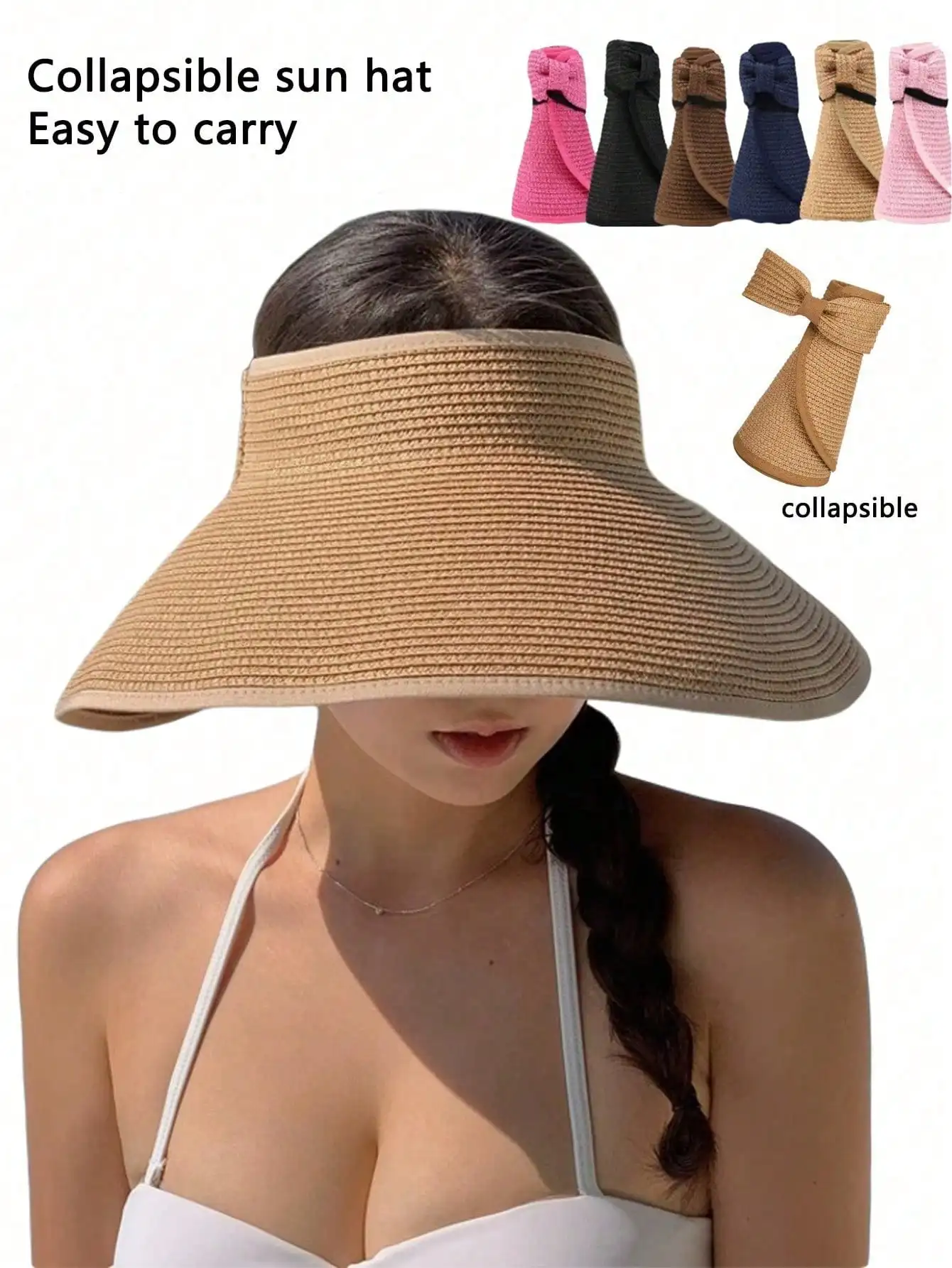 Faltbarer Sommer-Sonnenhut, Visierhut mit breiter Krempe, UV-Schutz für den Außenbereich, Strandhut mit Schleife, lässig, Bohemian, Retro, elegant