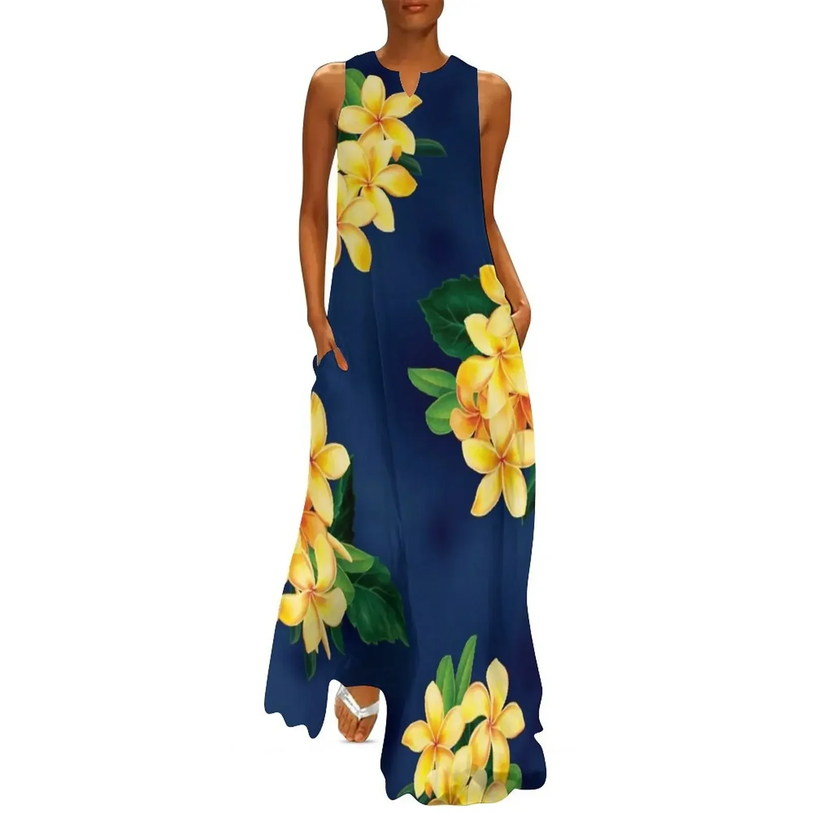 

Tropical Paradise Hawaiian Plumeria Illustration Long Dress prom clothes Woman dresses summer dress daily Dress