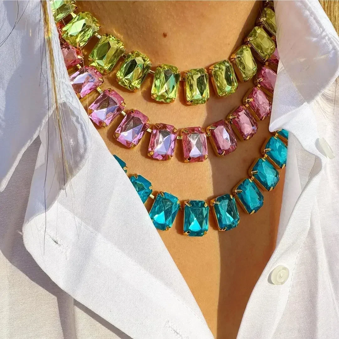 

Luxury Classic Shiny Pink Blue Crystal Necklace Ladies Adjustable Square Large Glass Clavicle Chain Fashion Jewelry Gift Party