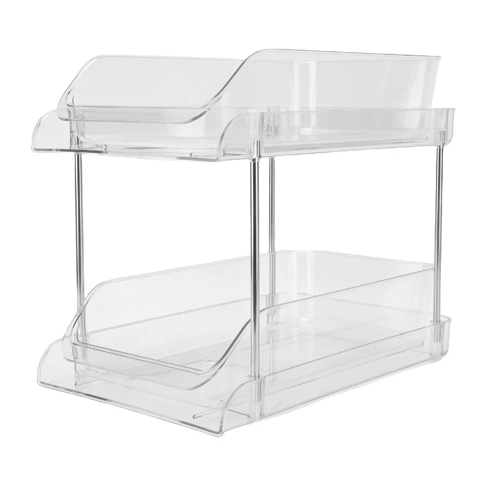 PET Under Sink Organizer 2 Tier Transparent Pull Out Storage Shelf Multi Purpose Pull Out Design CD Holder Stand Cabinet Storage