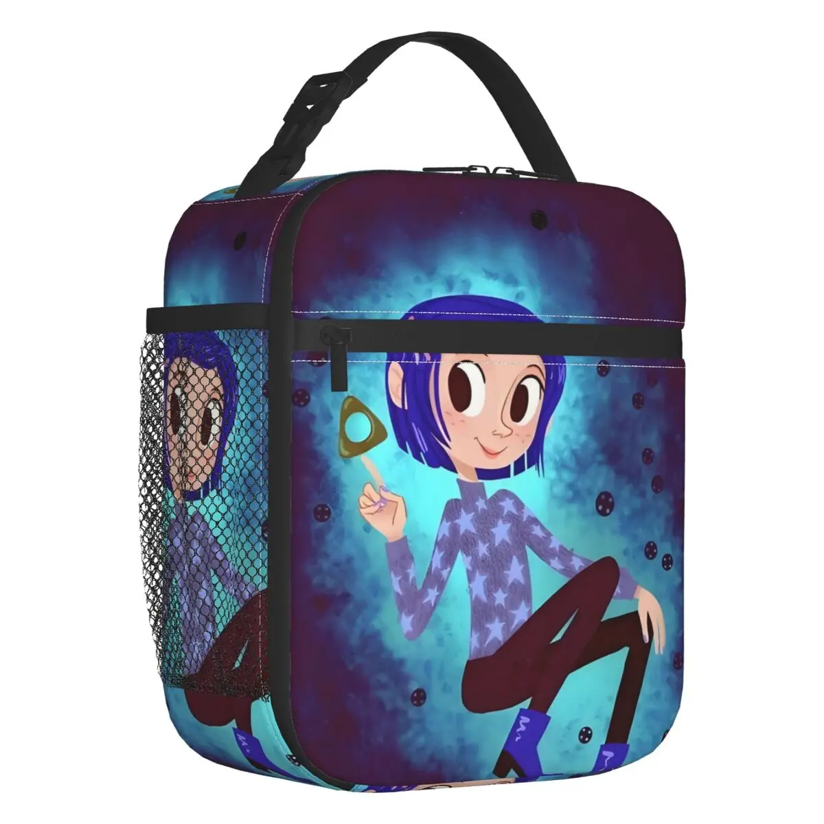 

Custom Coraline Twitchy Witchy Girl Portable Lunch Boxes Scary Movie Cartoon Thermal Cooler Food Insulated Lunch Bag Children