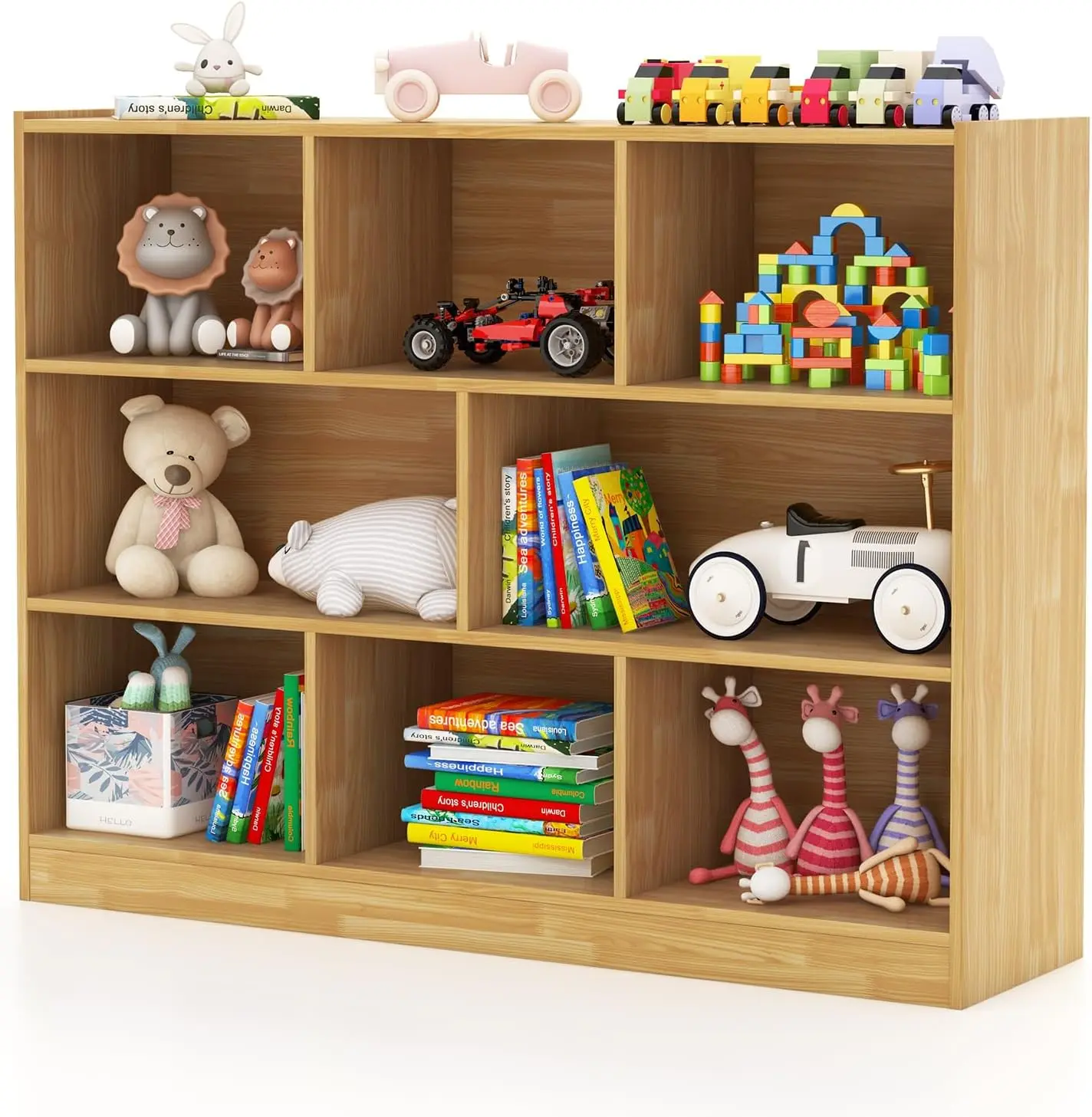 Kids Toy Organizers and Storage Wooden 3 Tier Bookshelf with 8 Compartment Cubes to Organize Books Toys Home Furniture