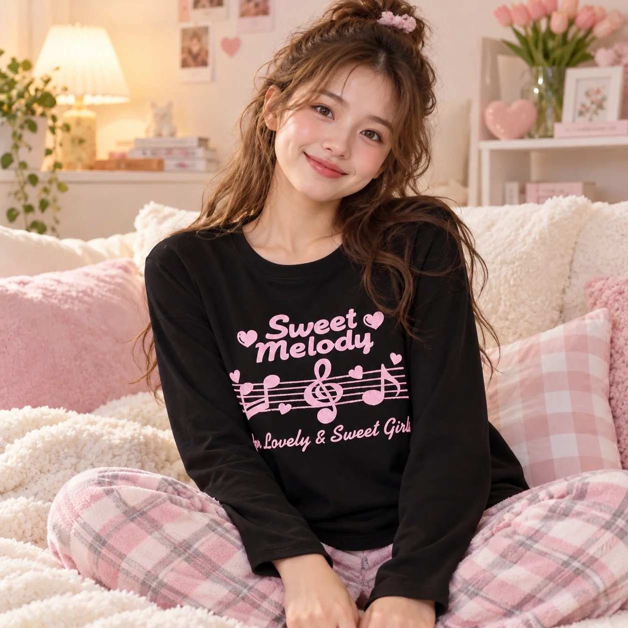 Women T-shirt Long Sleeve Black Sweet Melody Letter Music Note Heart Graphic Print Cute Y2K Style Casual Daily Fashion Tops