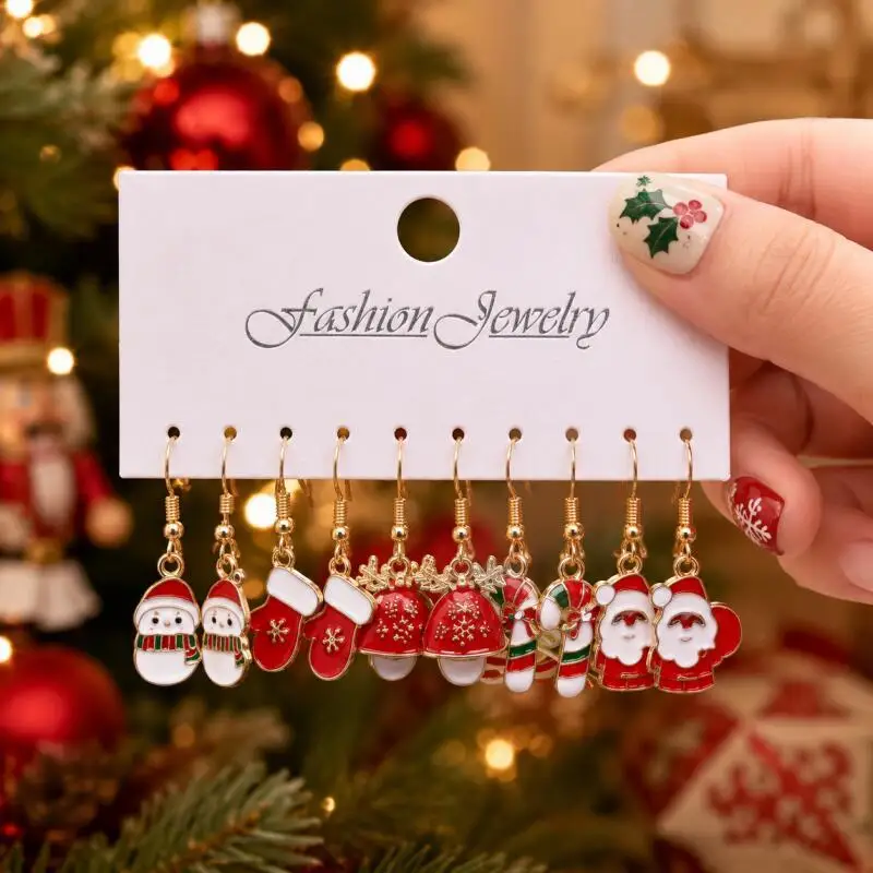 10 Pairs Christmas Earrings Set for Women, Santa Snowman Tree Snowflake Dangle Earrings, Holiday Party Gift