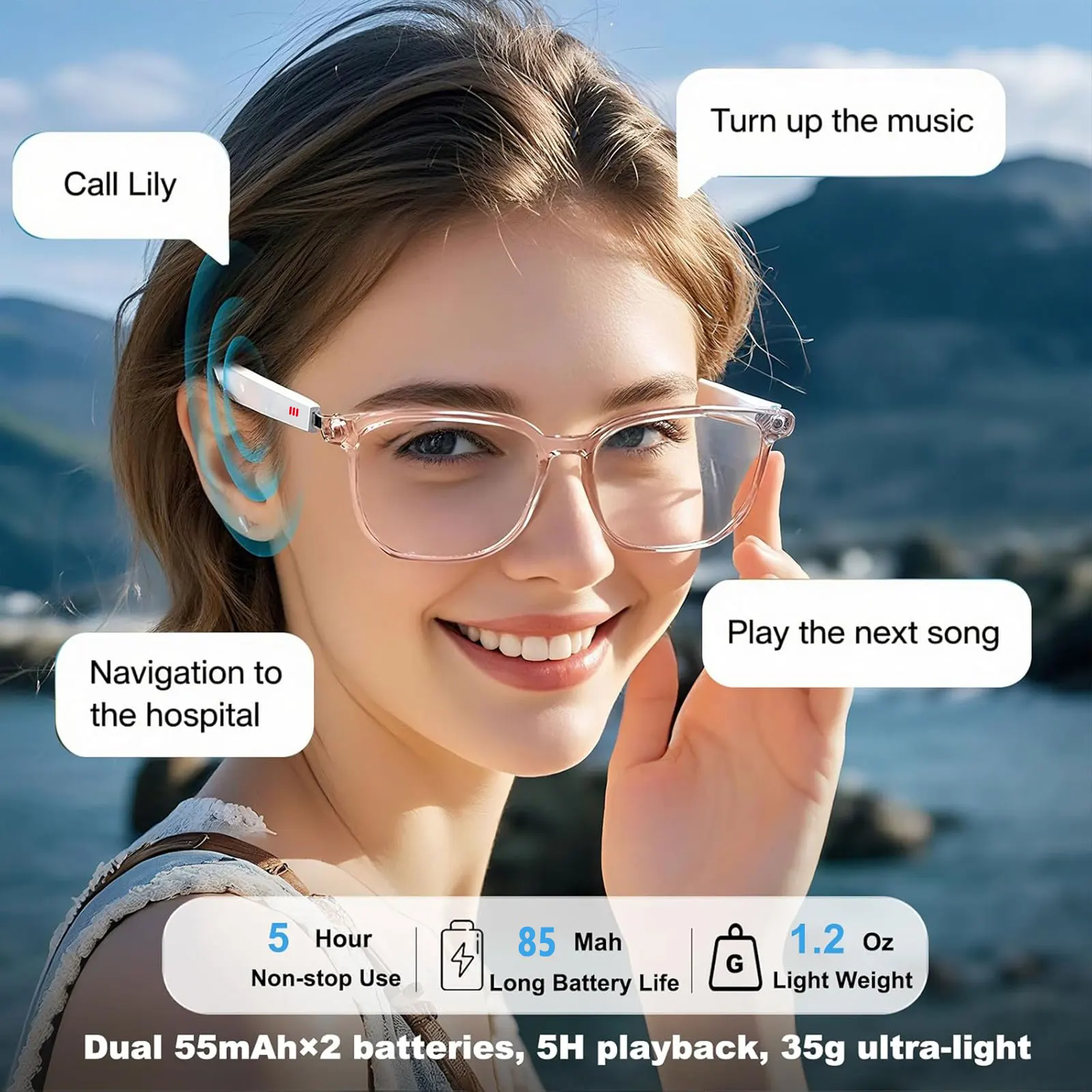 

Smart AI translation audio glasses, real-time app translation in over 160 languages, light-sensitive color-changing lenses