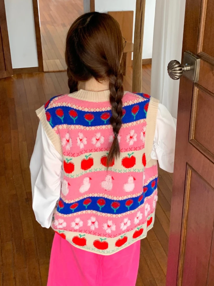 2024 Cartoon Knitted Vest Sweater Women Preppy Style Kawaii O-Neck Contrasting Colors Sleeveless Sweaters New Y2K Cute Pullovers