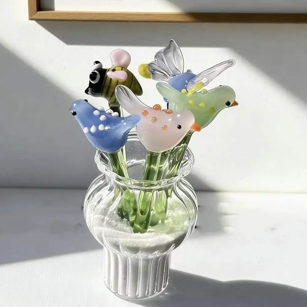 Handmade Mini Glass Animal Figurine Faux Crystal Small Bird Butterfly Bee Ornament with Stem for Home Office Tabletop Decor