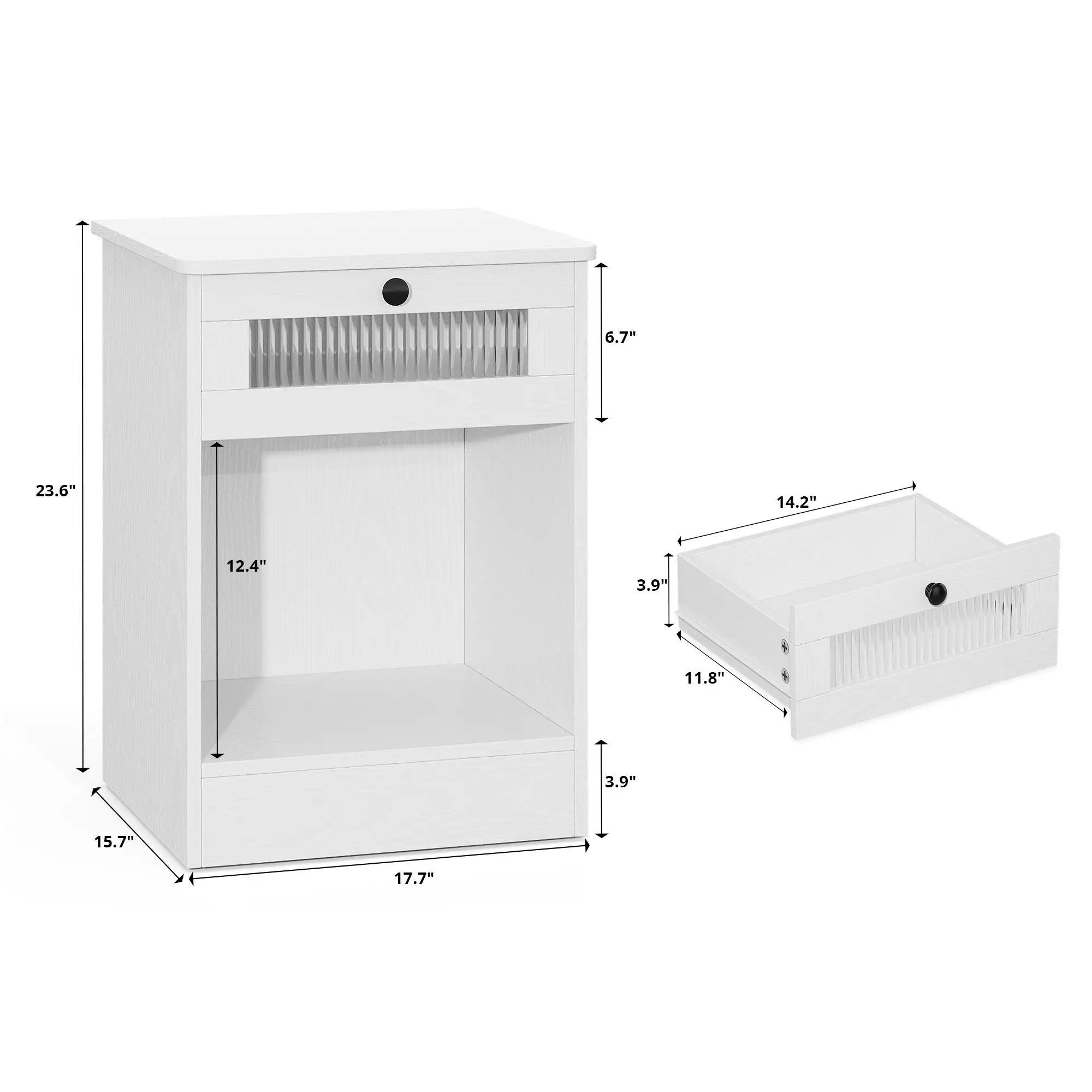 Modern Bedside Table Nightstand with Fluted Glass Drawer Open Storage Shelf Minimalist Small End Table Side Cabinet for Bedroom Living Room Office Home Furniture