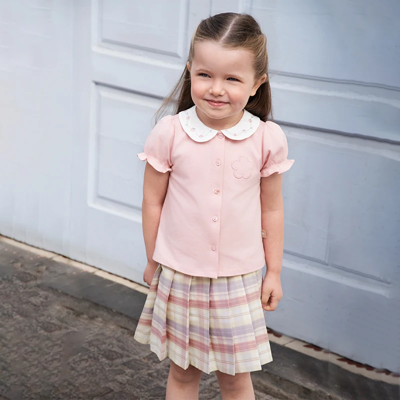 Dave Bella Girls Two Piece Set Children Suit Summer Short Sleeve Pink Shirt Top Grid Half Skirt Casual Clothing Sets DB2252214
